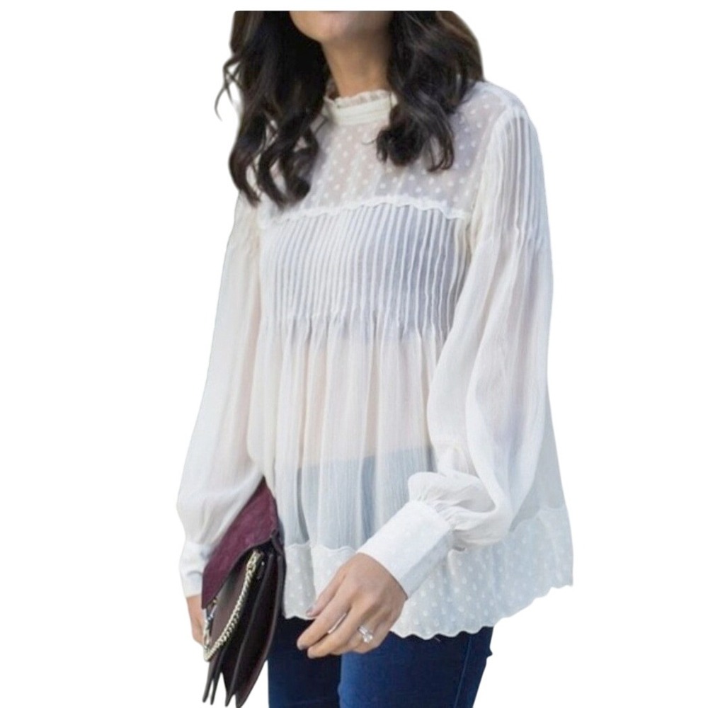 Ann Taylor Jacquard Chiffon Swiss Dots Cream Blouse Top Small Long Sleeve‎